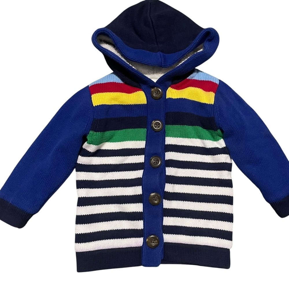 Hanna Andersson Bright Striped Basics Sherpa Sweater Cardigan with Hoodie 2T